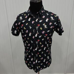 BT21 Mens Medium Black All Over Print Short Sleeve Button Down Shirt BTS